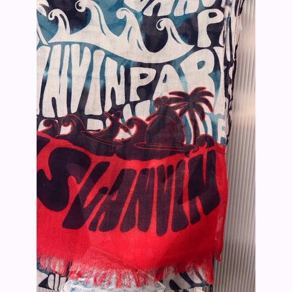 NWT Lanvin 100% Wool Logo Print Scarf Palm Trees Tropical Blue Red - Picture 12 of 12